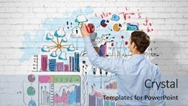  Presentation with wall - Presentation design consisting of gains project - back view image of businessman background and a  colored foreground