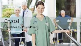  Presentation with rehab - Beautiful slides featuring gait - confident female physiotherapist standing backdrop and a light gray colored foreground