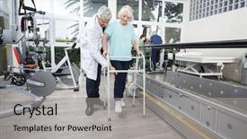  Presentation with walker - Theme with gait - male physiotherapist assisting senior female background and a light gray colored foreground