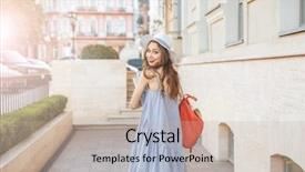  Presentation with backpack - PPT layouts with gait - smiling attractive young woman background and a mint green colored foreground