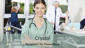  Presentation with rehab - Beautiful presentation featuring gait - smiling female physiotherapist standing backdrop and a light gray colored foreground