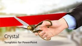  Presentation with ribbon cutting - Cool new theme with gala - businessman cutting red ribbon backdrop and a lemonade colored foreground