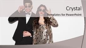  Presentation with end year party - Presentation design featuring gala dinner - cheerful young smartly dressed couple background and a light gray colored foreground