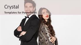  Presentation with year end party - Cool new theme with gala dinner - cheerful young smartly dressed couple backdrop and a soft green colored foreground