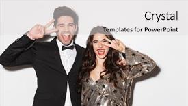  Presentation with new year - PPT theme consisting of gala dinner - cheerful young smartly dressed couple background and a light gray colored foreground