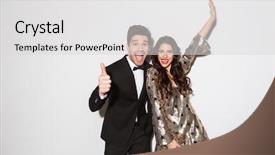  Presentation with dinner party - Slides with gala dinner - cheerful young smartly dressed couple background and a light gray colored foreground