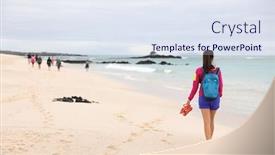  Presentation with ecotourism - Slide set having galapagos islands - woman on cruise ship tour visiting playa las bachas beach on santa cruz island woman walking barefoot in sand enjoying pristine nature landscape ecotourism background and a sky blue colored foreground
