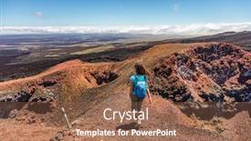  Presentation with ecuador - Slide deck consisting of galapagos-tourist-hiking-on-volcano background and a violet colored foreground