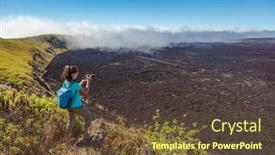  Presentation with volcano - Beautiful theme featuring galapagos-tourist-hiking-on-volcano backdrop and a tawny brown colored foreground
