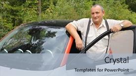  Presentation with car door - Beautiful presentation theme featuring gallow - elderly man stands near car backdrop and a light blue colored foreground