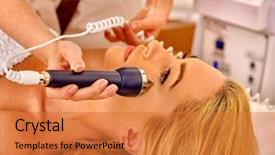  Presentation with beauty salon - Colorful slide set enhanced with galvanized - close up of young woman backdrop and a red colored foreground