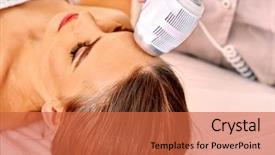  Presentation with beauty salon - Slide set having galvanized - young woman receiving electric facial background and a red colored foreground