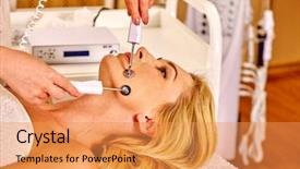  Presentation with face massage spa skin - Slide deck enhanced with galvanized - young woman receiving electric galvanic background and a gold colored foreground