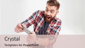  Presentation with smartphone - PPT layouts enhanced with game - excited bearded man in plaid background and a lemonade colored foreground