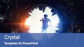  Presentation with virtual - Colorful presentation design enhanced with game - man in virtual helmet mixed backdrop and a ocean colored foreground