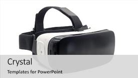  Presentation with virtual reality - Colorful slides enhanced with game - virtual reality helmet isolated backdrop and a light gray colored foreground