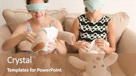  Presentation with baby diapers - Colorful theme enhanced with game - women putting diapers on toys backdrop and a coral colored foreground