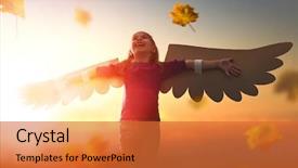  Presentation with dreams - Beautiful presentation featuring little girl plays outdoors child on the background of sunset sky kid with the wings of a bird dreams of flying backdrop and a red colored foreground