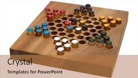  Presentation with board game - Slide deck with chinese checkers wooden board isolated background and a coral colored foreground
