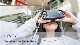  Presentation with mri device - Slide set with game center virtual reality - woman looking though vr device background and a  colored foreground