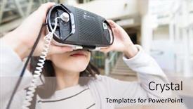  Presentation with looking for their - Theme consisting of game center virtual reality - woman looking though vr background and a  colored foreground