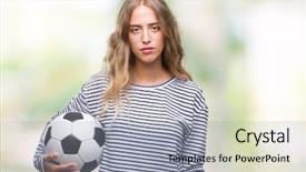  Presentation with blonde holds a magnifying glass - Cool new PPT theme with game clue - beautiful young blonde woman holding backdrop and a  colored foreground