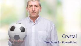  Presentation with football field or soccer field - Cool new presentation theme with game clue - handsome senior man holding soccer backdrop and a  colored foreground