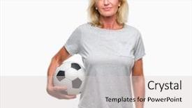  Presentation with blonde holds a magnifying glass - Cool new slide deck with game clue - middle age blonde woman holding backdrop and a  colored foreground