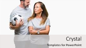  Presentation with multi sports soccer football basketball - Theme consisting of game clue - middle age hispanic couple holding background and a light gray colored foreground