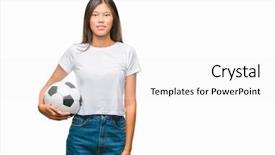  Presentation with multi sports soccer football basketball - Colorful theme enhanced with game clue - young asian woman holding football backdrop and a white colored foreground