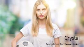  Presentation with blonde holds a magnifying glass - Slide set featuring game clue - young beautiful blonde woman holding background and a  colored foreground