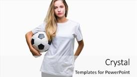 Presentation with soccer - Slide deck featuring game clue - young beautiful blonde woman holding background and a  colored foreground