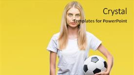  Presentation with blonde holds a magnifying glass - Colorful theme enhanced with game clue - young beautiful blonde woman holding backdrop and a yellow colored foreground