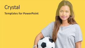  Presentation with football - Presentation theme featuring game clue - young beautiful brunette woman holding background and a yellow colored foreground