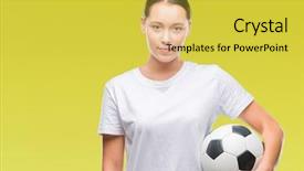  Presentation with multi sports soccer football basketball - Audience pleasing PPT theme consisting of game clue - young beautiful caucasian woman holding backdrop and a  colored foreground