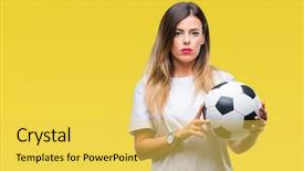  Presentation with soccer - PPT layouts featuring game clue - young beautiful woman holding soccer background and a  colored foreground