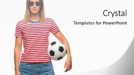  Presentation with football field or soccer field - Amazing PPT theme having game clue - young beautiful woman holding soccer backdrop and a  colored foreground