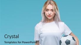  Presentation with soccer - Audience pleasing presentation design consisting of game clue - young blonde woman holding soccer backdrop and a  colored foreground