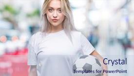  Presentation with blonde holds a magnifying glass - PPT layouts with game clue - young blonde woman holding soccer background and a  colored foreground