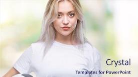  Presentation with blonde holding magnifying glass - Slide deck with game clue - young blonde woman holding soccer background and a  colored foreground