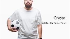  Presentation with football field or soccer field - Cool new slides with game clue - young caucasian hipster man holding backdrop and a white colored foreground