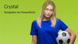  Presentation with soccer - Amazing slide set having game clue - young caucasian woman holding soccer backdrop and a  colored foreground