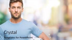  Presentation with soccer - Slides with game clue - young handsome man holding soccer background and a light blue colored foreground