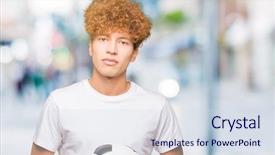  Presentation with holding hands old young - Colorful PPT layouts enhanced with game clue - young handsome man holding soccer backdrop and a sky blue colored foreground