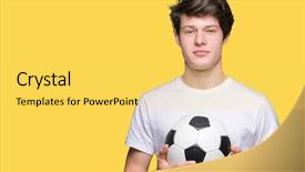  Presentation with football - Slide set consisting of game clue - young man holding soccer football background and a yellow colored foreground