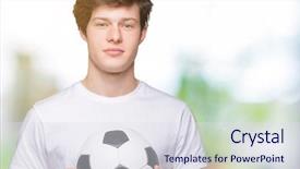  Presentation with football field or soccer field - Slide deck featuring game clue - young man holding soccer football background and a sky blue colored foreground
