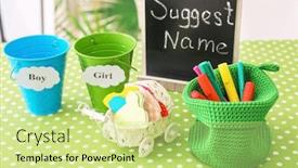  Presentation with baby shower - Theme having game for suggestion of baby name on table at shower party background and a soft green colored foreground
