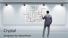  Presentation with maze - Amazing presentation design having game menu - businessman is looking for ways backdrop and a  colored foreground