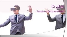  Presentation with virtual reality - PPT layouts consisting of game menu - businessman wearing virtual reality vr background and a lemonade colored foreground