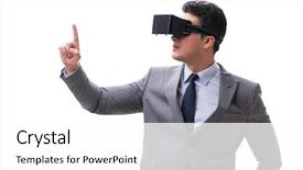  Presentation with virtual reality - PPT layouts featuring game menu - businessman wearing virtual reality vr background and a  colored foreground